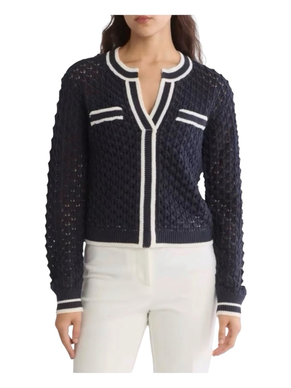 Laundry By Shelli Segal Navy Open-Knit Pullover Crew Sweater w White Trim Sz M